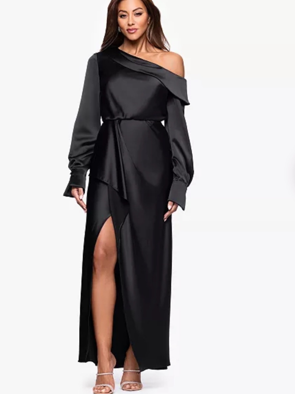 XSCAPE One Shoulder Sash Satin Gown Black Formal Maxi Dress Side Slit